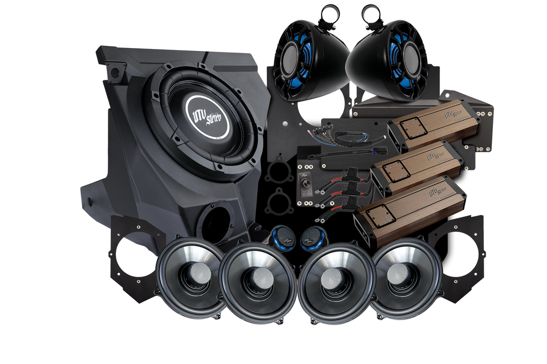 UTV Stereo audio system bundle including subwoofer, speakers, amplifiers, and wiring components