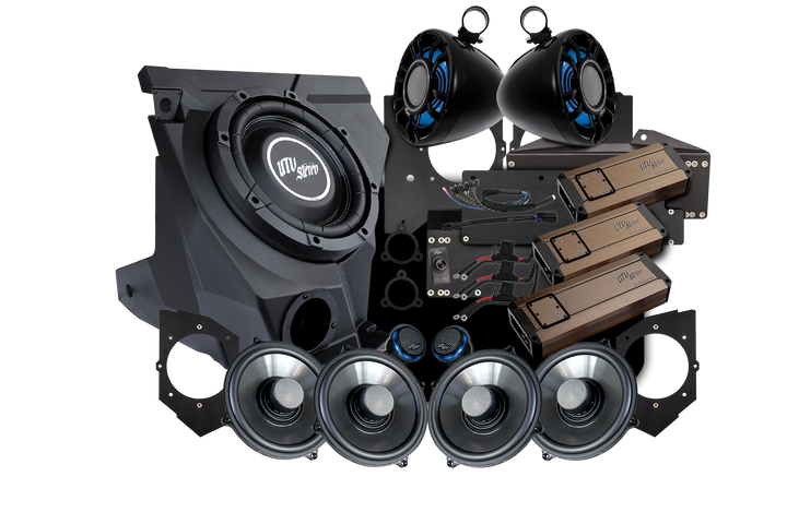 UTV Stereo audio system bundle including subwoofer, speakers, amplifiers, and wiring components