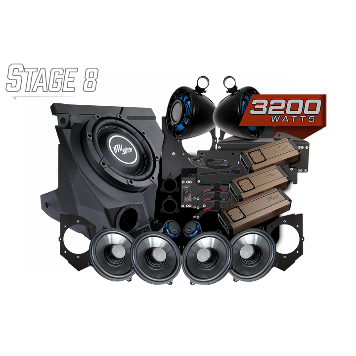 UTV Stereo Stage 8 audio system kit with subwoofer, speakers, amplifiers, and wiring components
