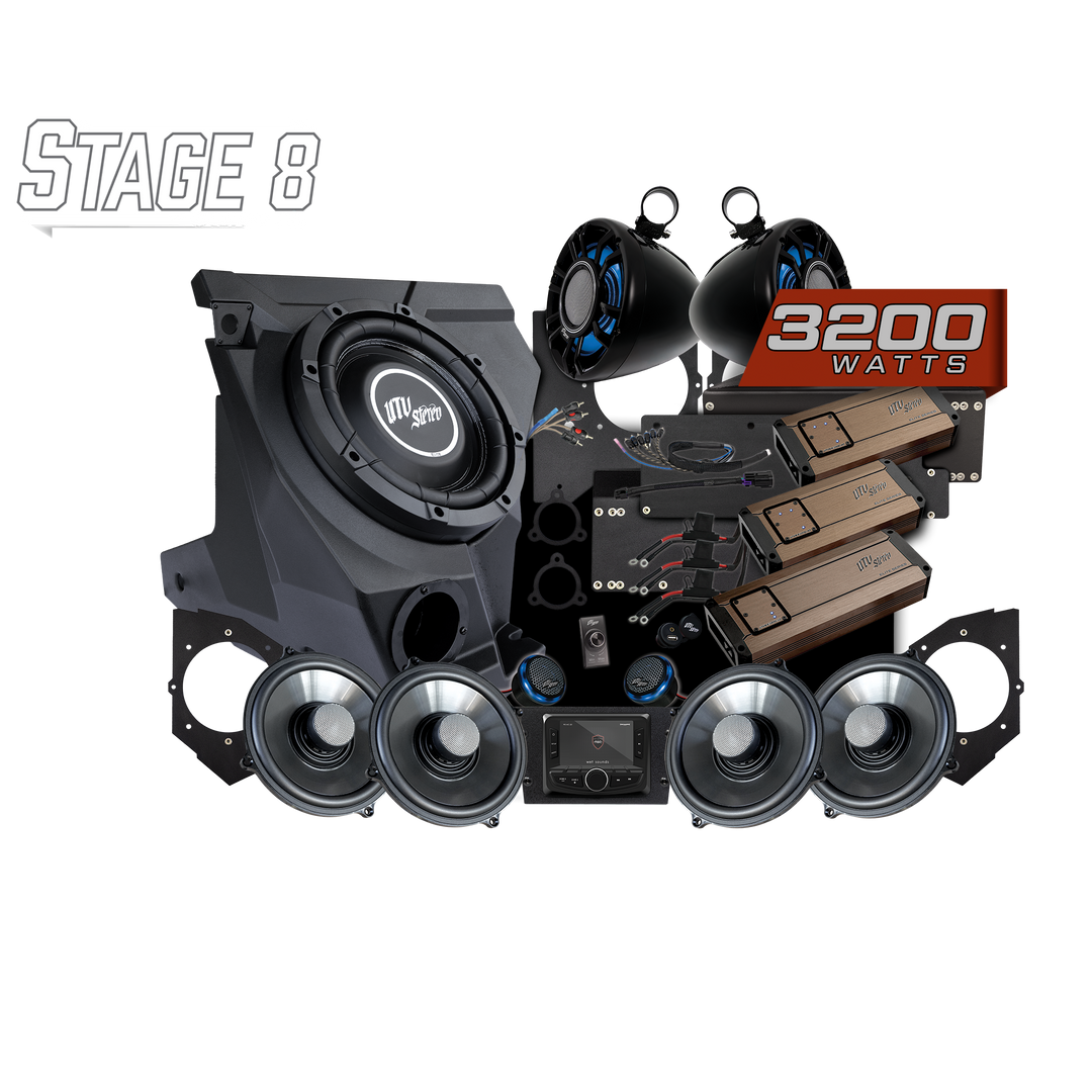 UTV Stereo Stage 8 audio system bundle with subwoofer, speakers, amplifiers, and head unit