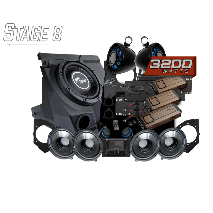 UTV Stereo Stage 8 audio system bundle with subwoofer, speakers, amplifiers, and head unit
