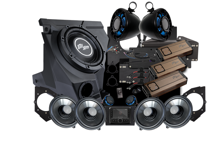 UTV Stereo audio system bundle including subwoofer enclosure speakers amplifiers and wiring components