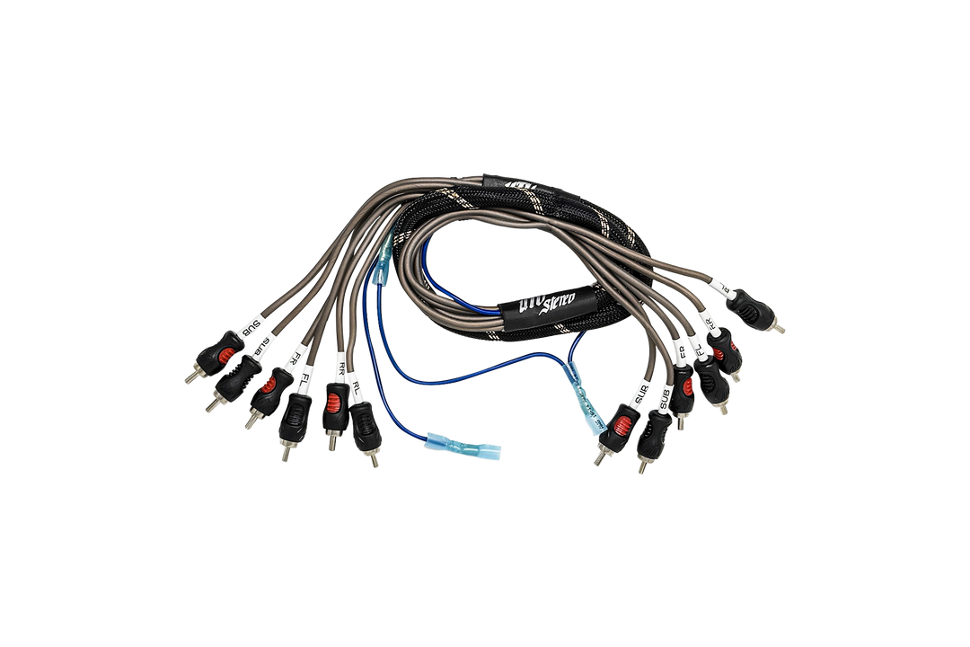 UTV Stereo RCA audio cable harness with labeled connectors