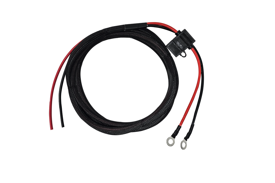 Coiled black braided power cable with red and black wires and ring terminals