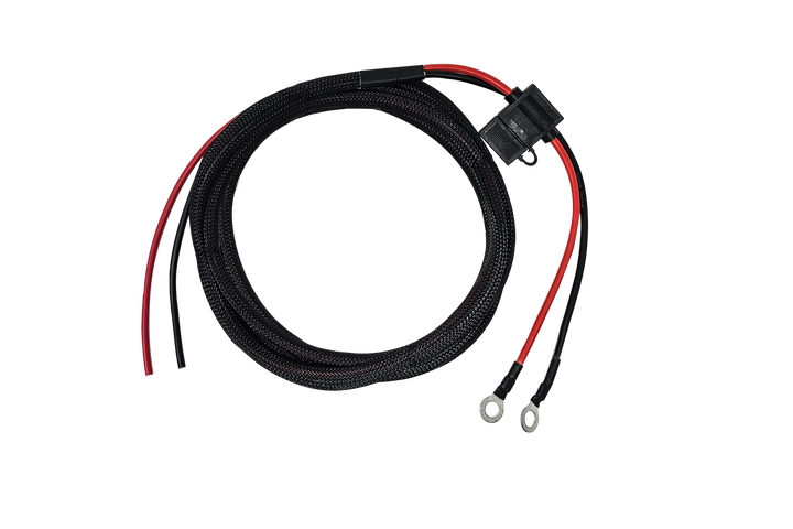 Coiled black braided power cable with red and black wires and ring terminals