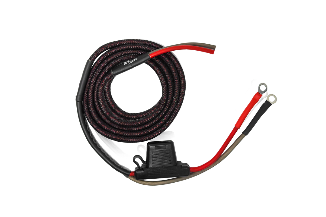 Coiled UTV Stereo power cable with inline fuse holder and ring terminals