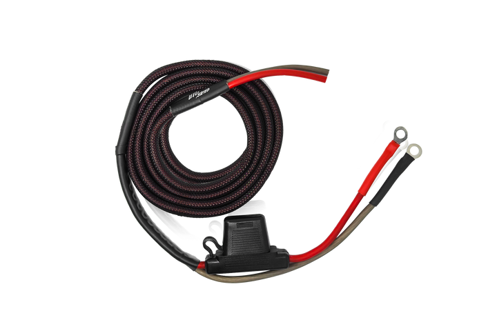 Coiled UTV Stereo power cable with inline fuse holder and ring terminals