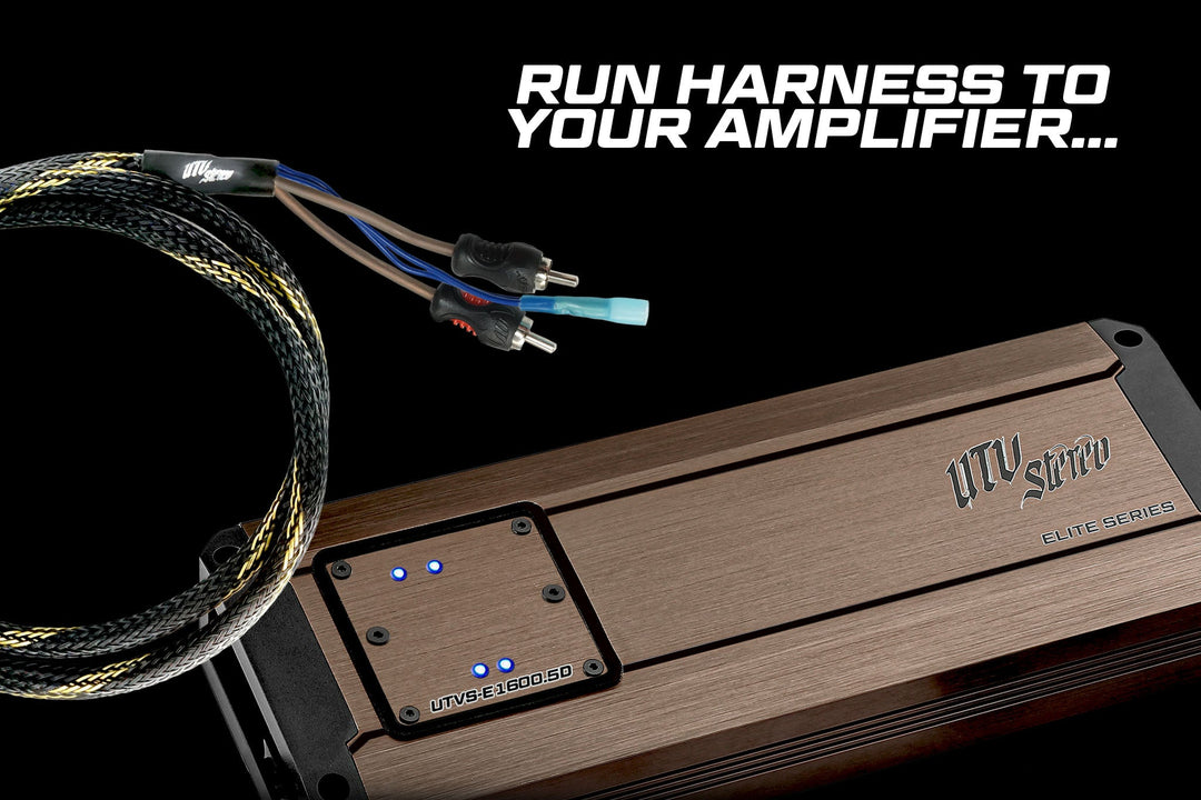UTV Stereo Elite Series amplifier with connected wiring harness