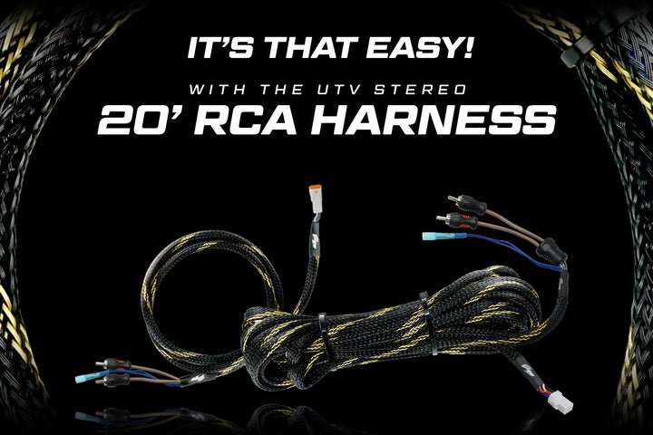 UTV Stereo 20 foot RCA harness with braided black and yellow protective sleeve