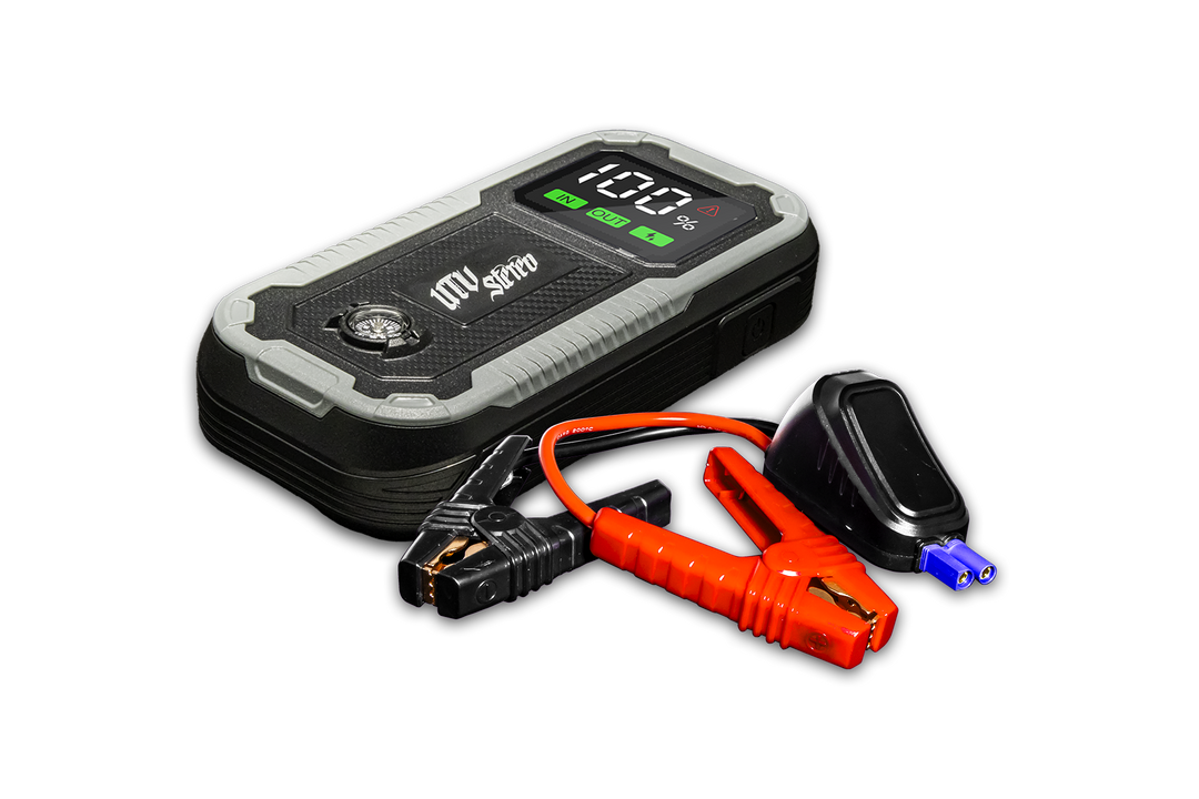UTV Stereo portable jump starter with digital display and jumper cables