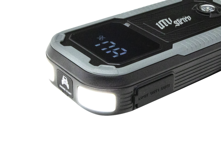 UTV Stereo portable jump starter with digital display and integrated LED flashlight
