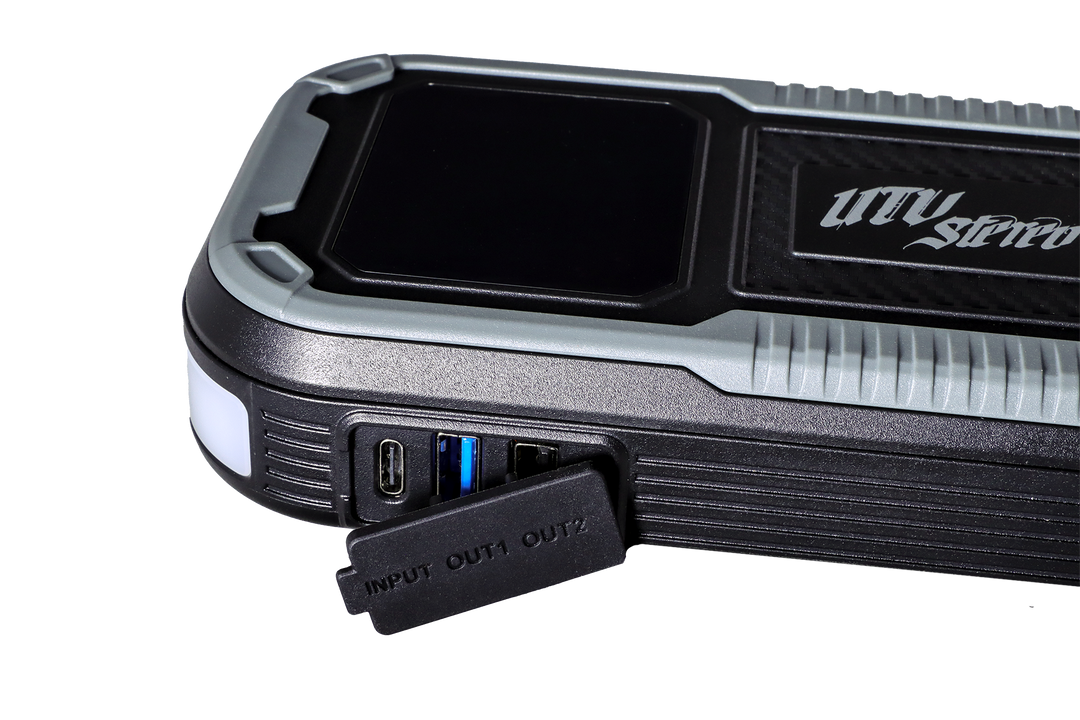 UTV Stereo portable power bank with USB and USB-C charging ports