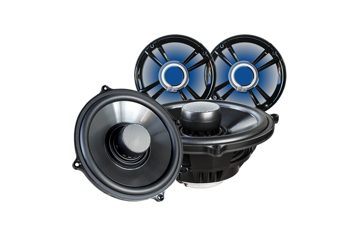 Two black and blue marine audio speakers with metallic silver tweeters