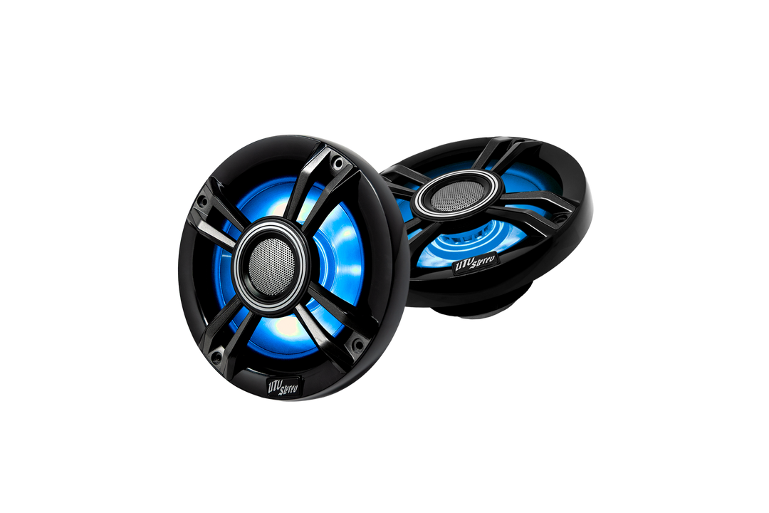 Two UTV Stereo black marine speakers with blue LED lighting