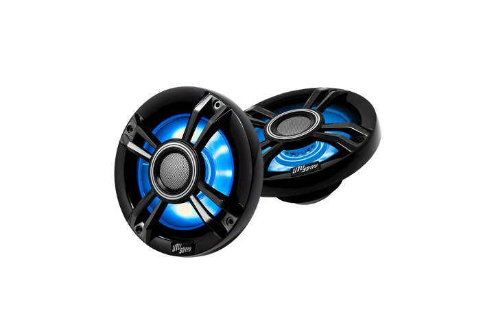 Two UTV Stereo black marine speakers with blue LED lighting