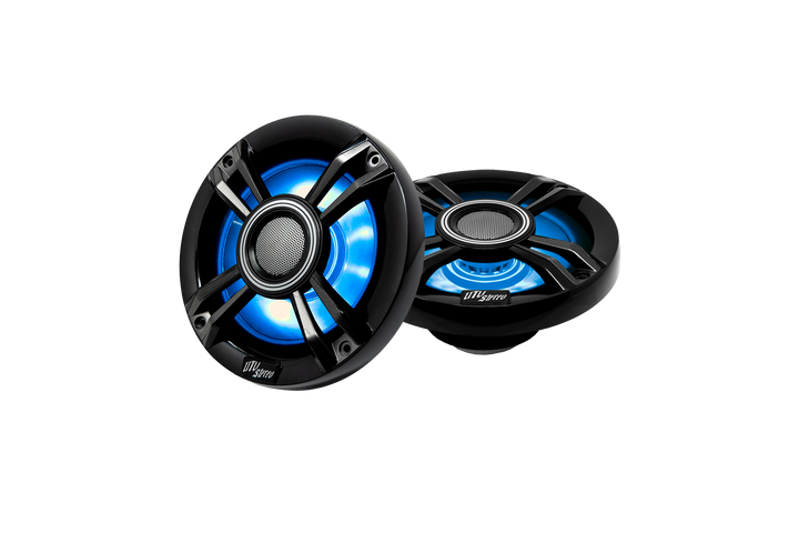 Two UTV Stereo black marine speakers with blue LED ring lighting