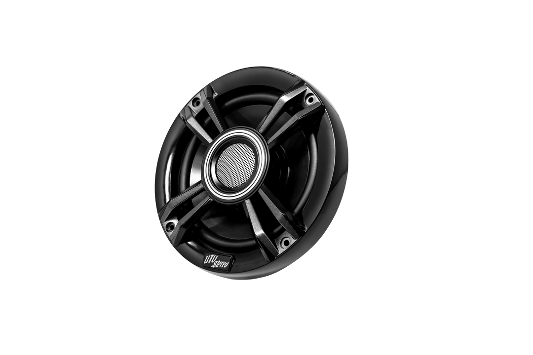 UTV Stereo black circular marine speaker with central mesh grille