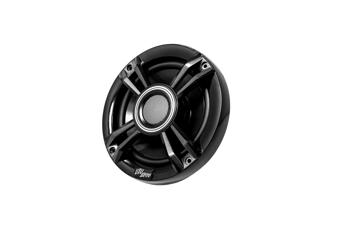UTV Stereo black circular marine speaker with central mesh grille