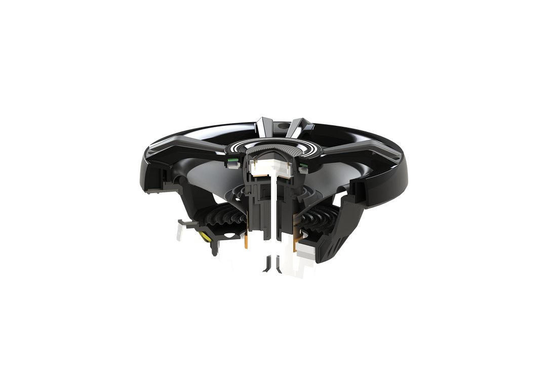 Cross section view of a black car audio speaker showing internal components