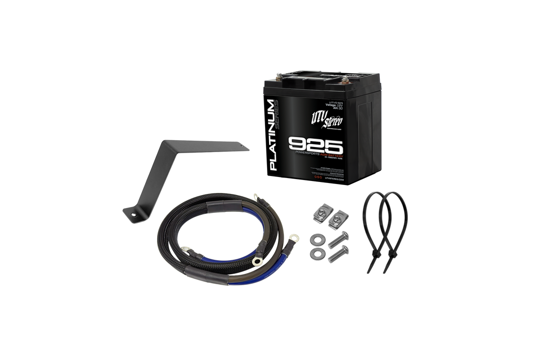 UTV Stereo Platinum Series 925 AGM battery kit with mounting bracket cables and hardware