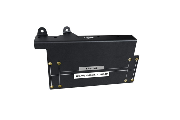 Black metal UTV Stereo amplifier mounting bracket with pre-drilled holes and model labels