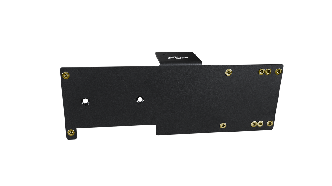 Black metal UTV INC mounting bracket with predrilled holes and gold hardware