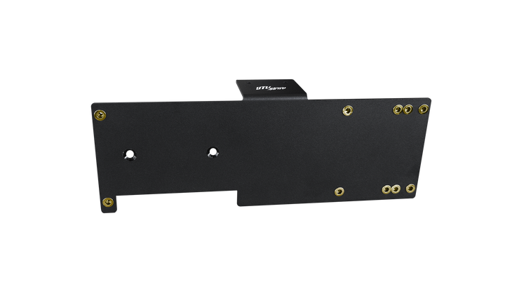 Black metal UTV INC mounting bracket with predrilled holes and gold hardware