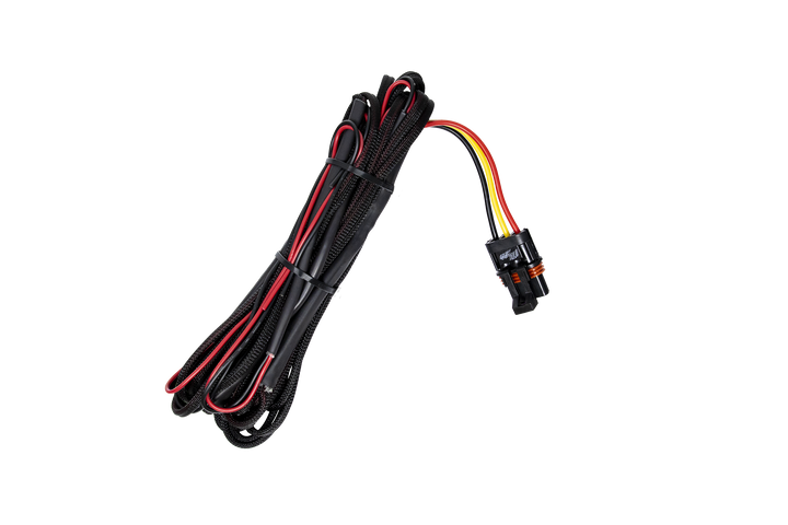 Black braided wiring harness with red and yellow wires and a black plastic connector