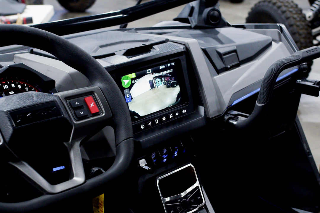 UTV Stereo backup camera display on a Polaris RZR dashboard