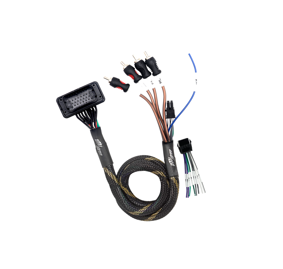 Wiring harness with RCA connectors and multi pin plug for car audio systems