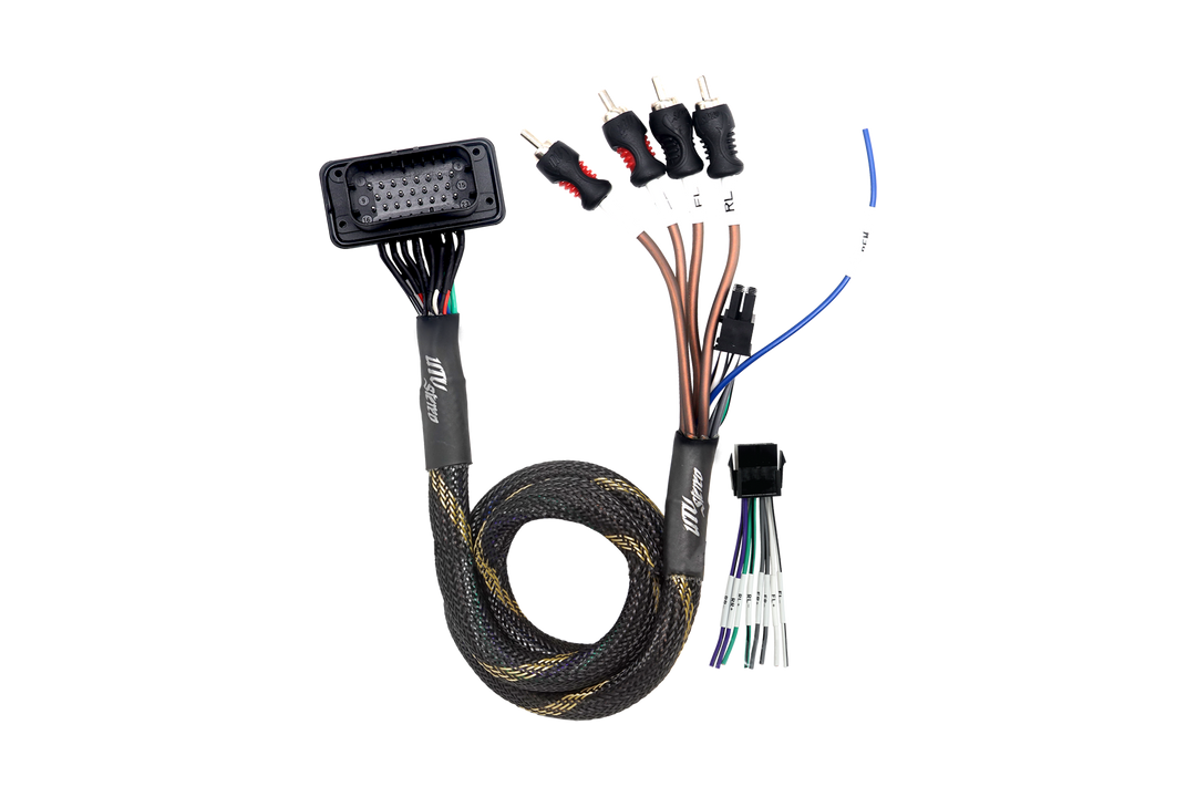 UTV Stereo wiring harness with multi-pin connector and RCA outputs