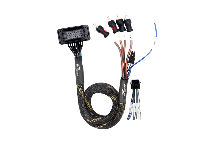 UTV Stereo wiring harness with multi-pin connector and RCA outputs