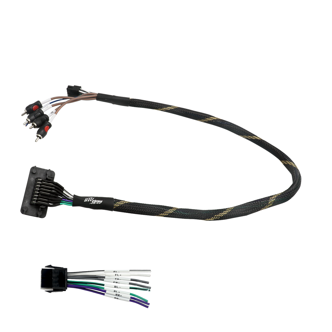 UTV Stereo wiring harness with RCA connectors and labeled speaker wires