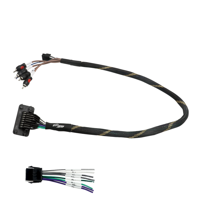 UTV Stereo wiring harness with RCA connectors and labeled speaker wires