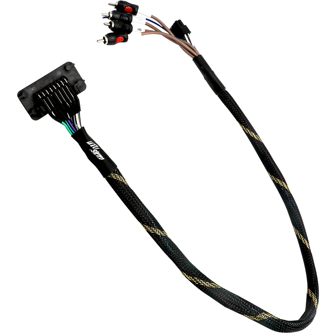UTV Stereo wiring harness with RCA connectors and black braided cable