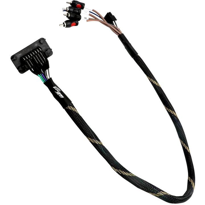 UTV Stereo wiring harness with RCA connectors and black braided cable