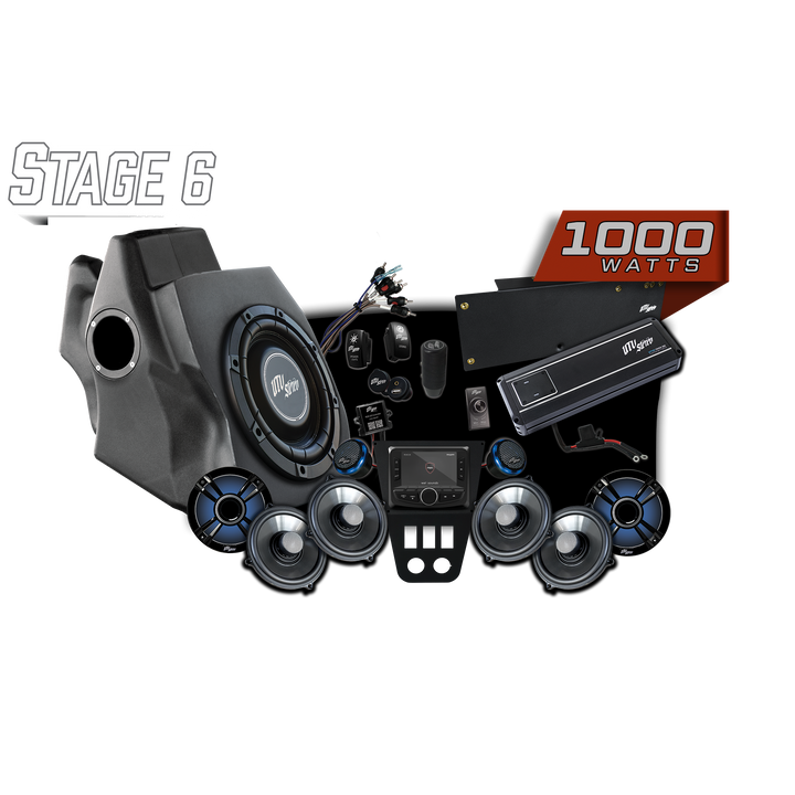 UTV Stereo Stage 6 audio system kit with subwoofer, speakers, amplifier, and head unit