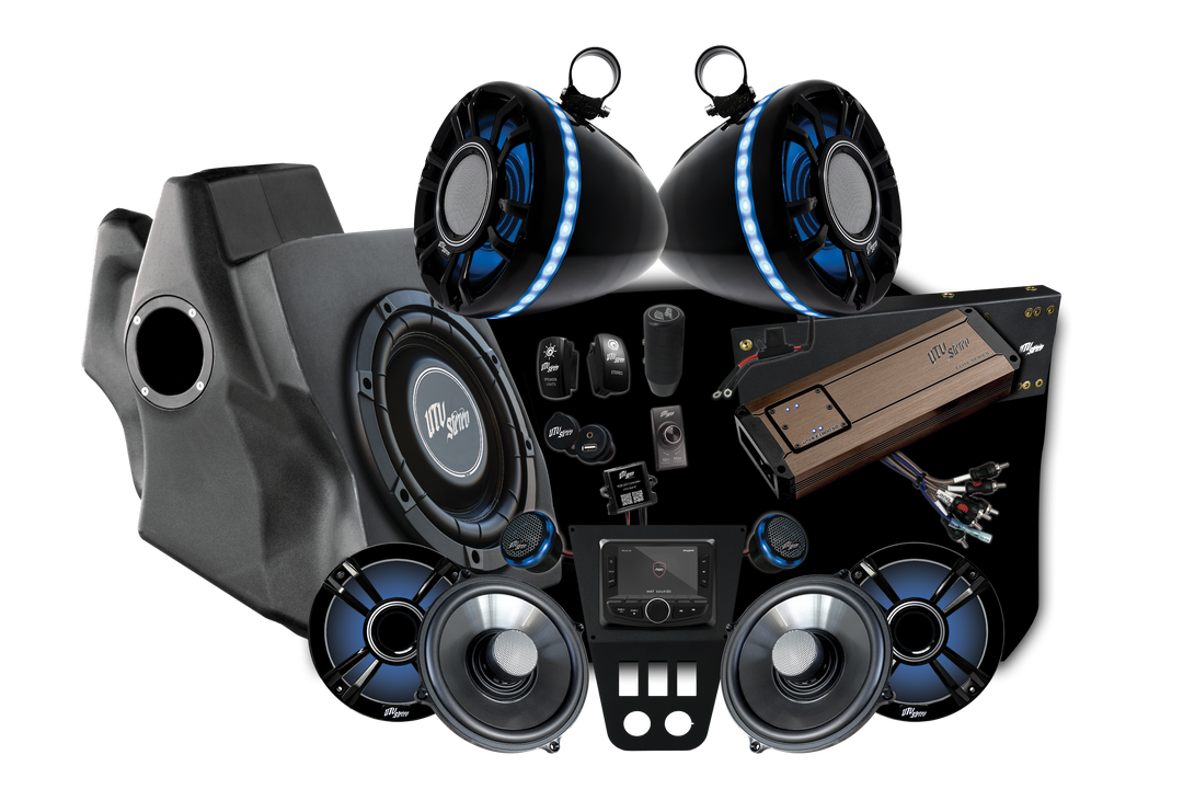 UTV Stereo audio system kit including speakers, subwoofer, amplifier, and head unit
