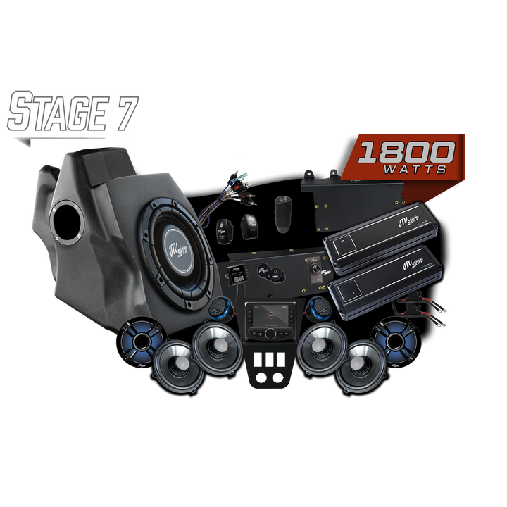 UTV Stereo Stage 7 1800 watt audio system kit including subwoofer enclosure speakers amplifiers and head unit