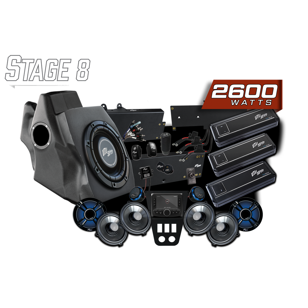 UTV Stereo Stage 8 audio system with subwoofer, speakers, amplifiers, and head unit