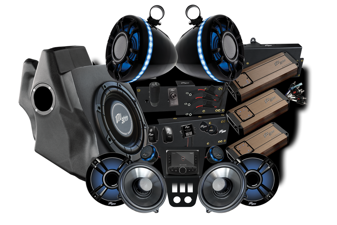 UTV Stereo audio system bundle including speakers, amplifiers, subwoofer, and head unit