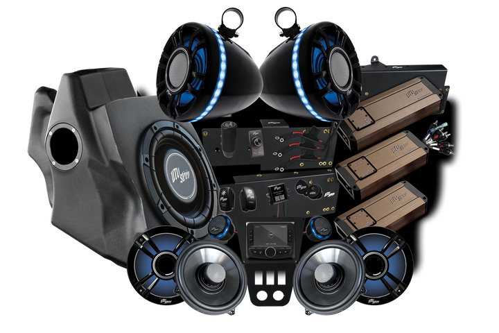 UTV Stereo audio system bundle including speakers, amplifiers, subwoofer, and head unit