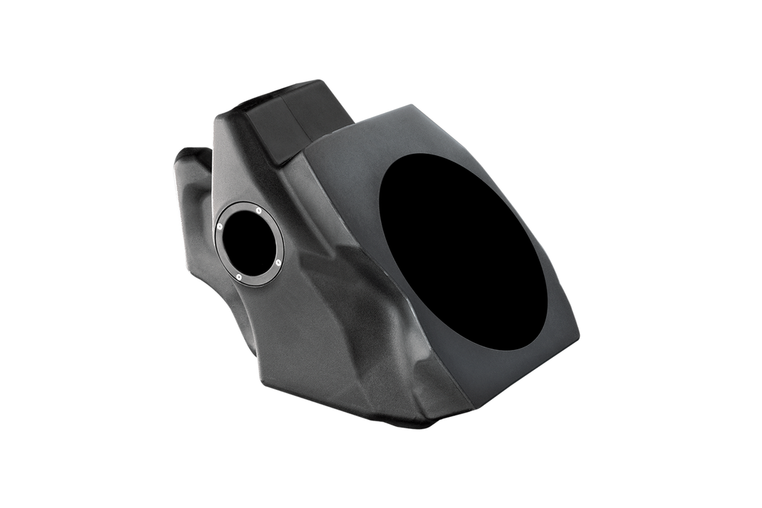 Black molded plastic subwoofer enclosure with speaker mounting holes