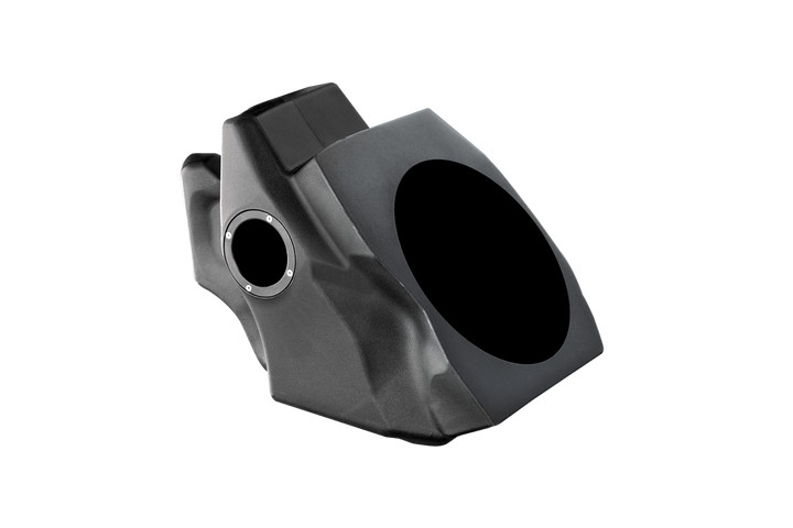 Black molded plastic subwoofer enclosure with speaker mounting holes