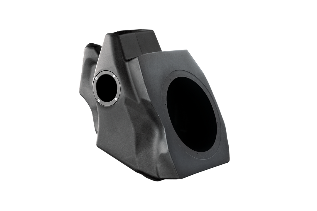 Black molded plastic subwoofer enclosure with two speaker mounting holes