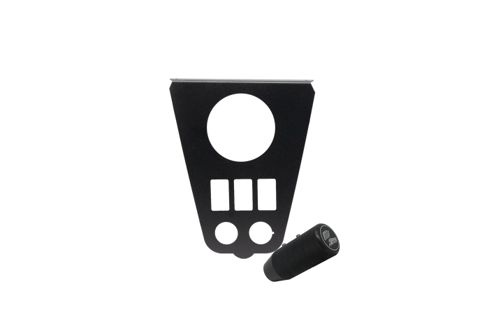 Black metal mounting plate with circular and rectangular cutouts and a cylindrical knob