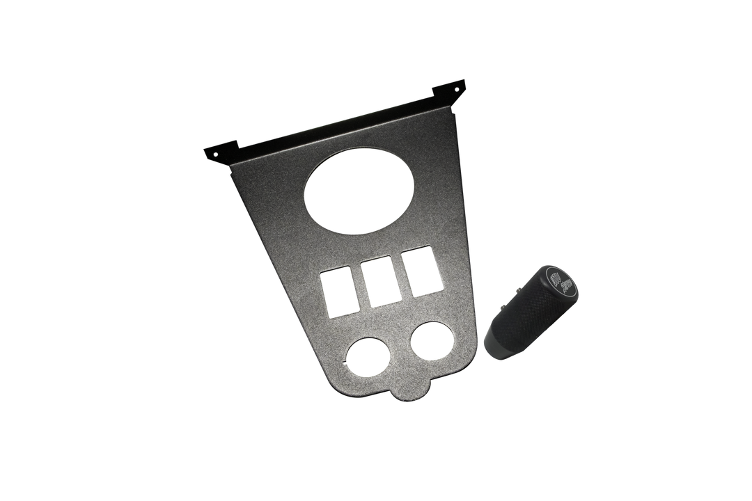Black metal switch panel with gauge cutout and matching textured shift knob