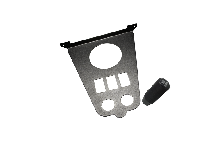 Black metal switch panel with gauge cutout and matching textured shift knob