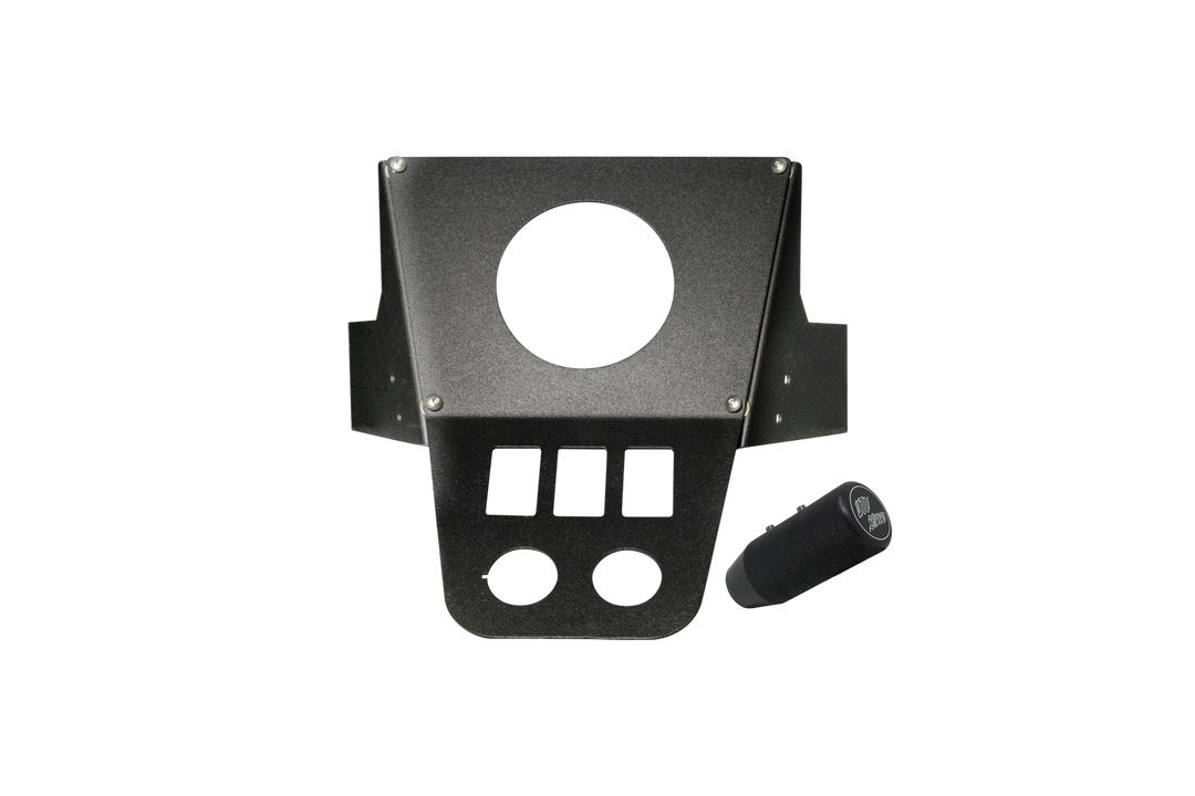 UTV Stereo black metal dash mount plate with switch cutouts and gauge hole next to a cylindrical knob