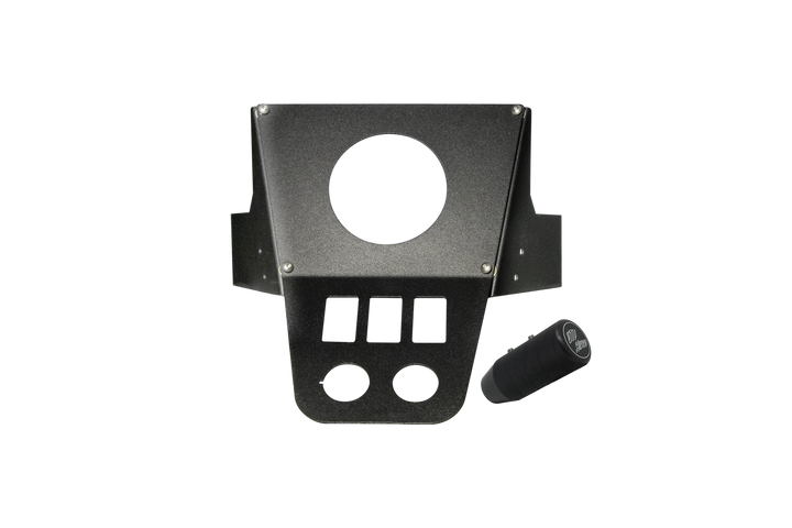 UTV Stereo black metal dash mount plate with switch cutouts and gauge hole next to a cylindrical knob
